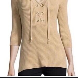 Michael Kors Ribbed Tunic Sweater‎ Top Lace Up Women Sz S / M Tan Neutral READ